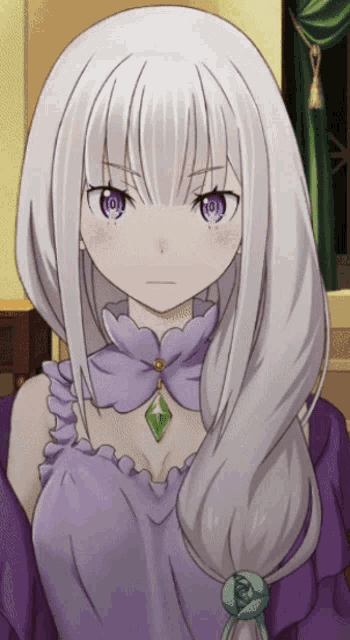 a girl with white hair and purple eyes is wearing a purple dress and a green necklace