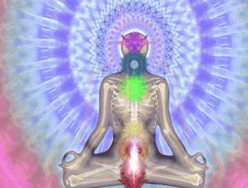 a skeleton is sitting in a lotus position with a light coming out of the center