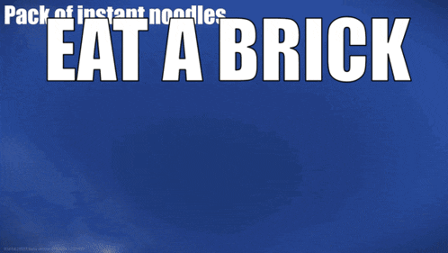 two people holding a bag of instant noodles that says eat a brick