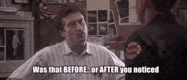 a man in a striped shirt is talking to a fireman who says was that before or after you noticed