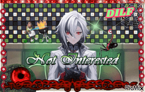 a picture of a girl with red eyes and the words not interested on it