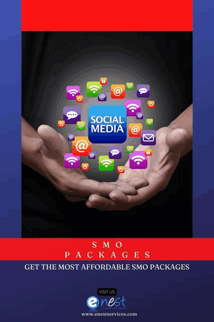 an advertisement for social media packages shows a hand holding a circle of apps