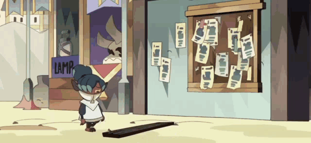 a cartoon character is standing in front of a lamp shop .