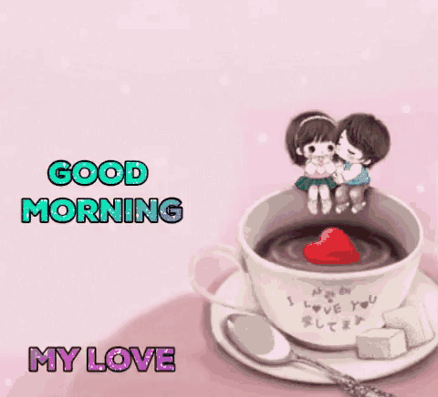 a couple kissing on top of a cup of coffee