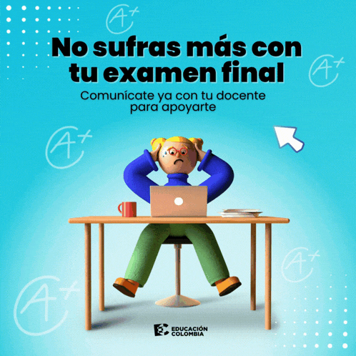 a cartoon character sits at a desk with a laptop and the words no sufras mas con tu examen final