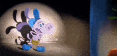 a cartoon pig is standing in the dark in front of a spotlight .