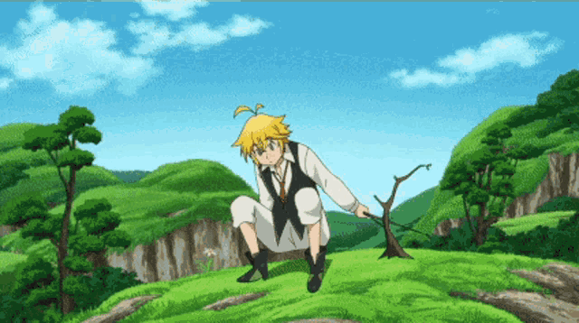 a cartoon character is squatting on a grassy hill with a stick in his hand