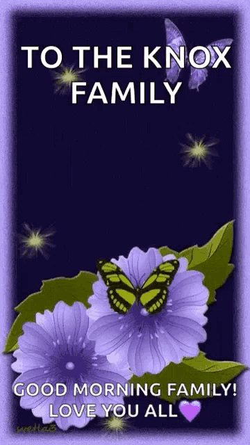 a purple flower with a yellow butterfly and the words " to the knox family good morning family love you all "