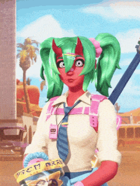 a girl with green hair is holding a bag that says " vs.c.m. "