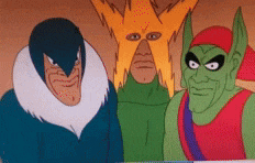 three cartoon characters are posing for a picture including a green goblin