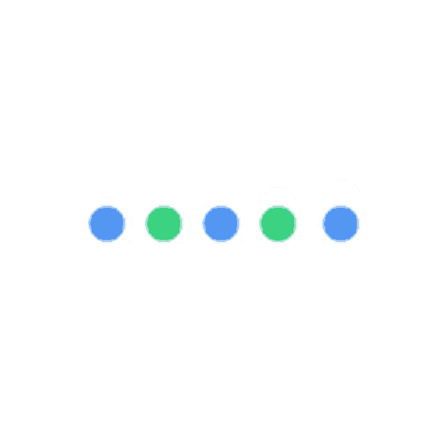 a line of blue and green dots on a white background .