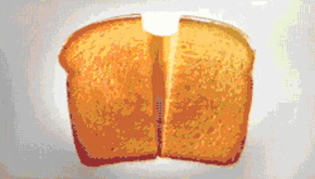 a slice of bread has been cut in half and is sitting on a plate
