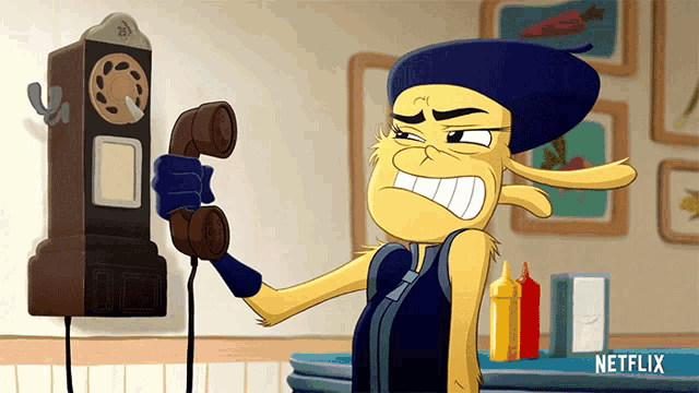 a cartoon character is talking on a telephone with a netflix logo in the corner