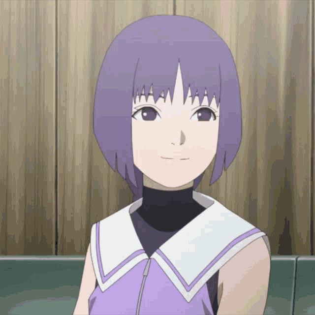 a girl with purple hair and a white collar smiles for the camera