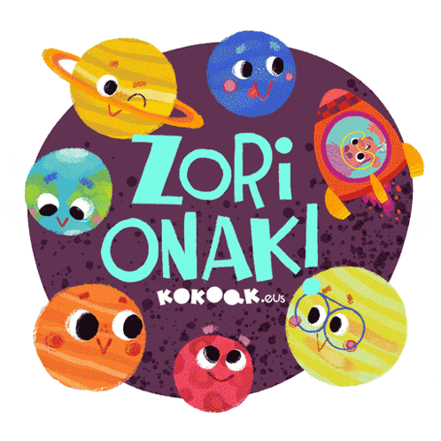 a cartoon illustration of planets with faces and the words zori onaki kokoak.eus