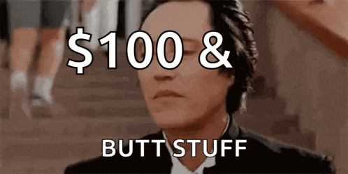 a man in a tuxedo is making a funny face with the words `` $ 100 & butt stuff '' written above him .
