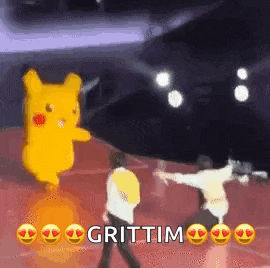 a group of people are dancing in front of a pikachu mascot and the words grittim .