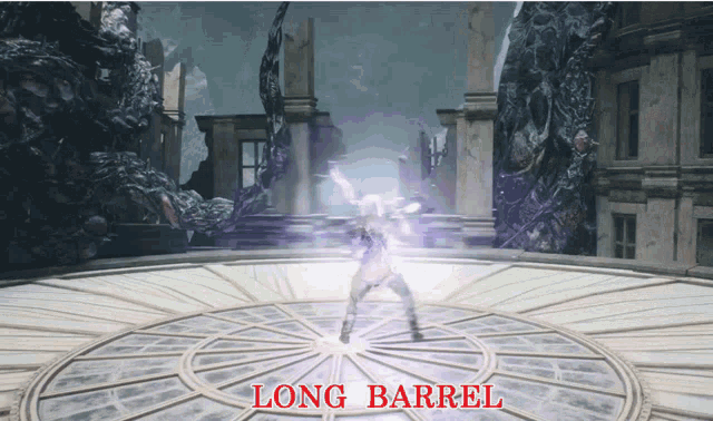 a video game scene with the words long barrel in red letters