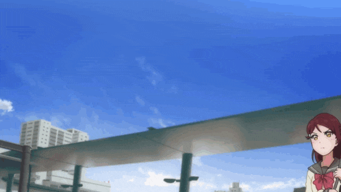 a girl with red hair and yellow eyes is standing in front of a blue sky