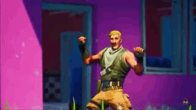 a video game character is dancing in front of a purple building .