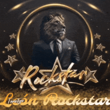 a picture of a lion in a suit with the words rockstar on it
