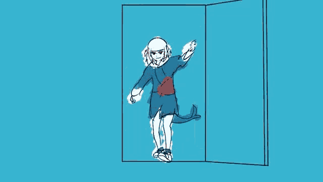 a drawing of a girl in a shark costume standing next to a door .