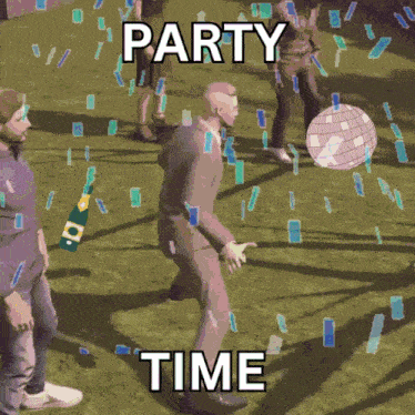a man in a suit is dancing with a bottle of champagne in his hand and the words party time written below him