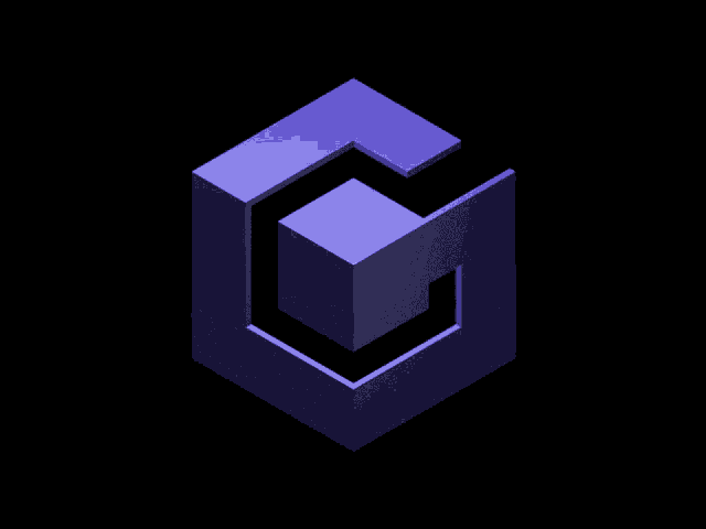 a cube with blue squares on a black background is lit up