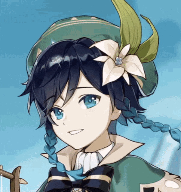 a cartoon character has a flower in his hair