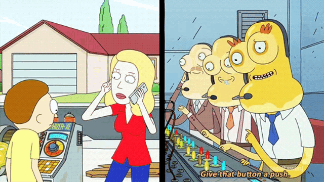 a cartoon of a woman talking on a phone next to a machine that says " give that button a push " on it