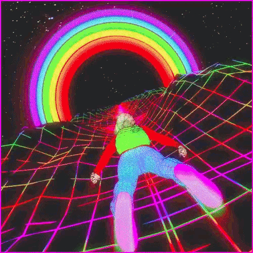 a person is flying through a rainbow filled tunnel