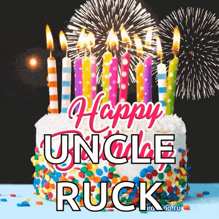 a birthday cake with candles and fireworks behind it and the words `` happy uncle ruck '' .