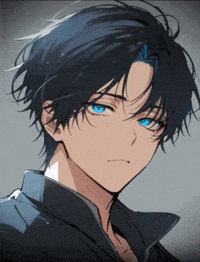 a drawing of a boy with blue eyes and dark hair
