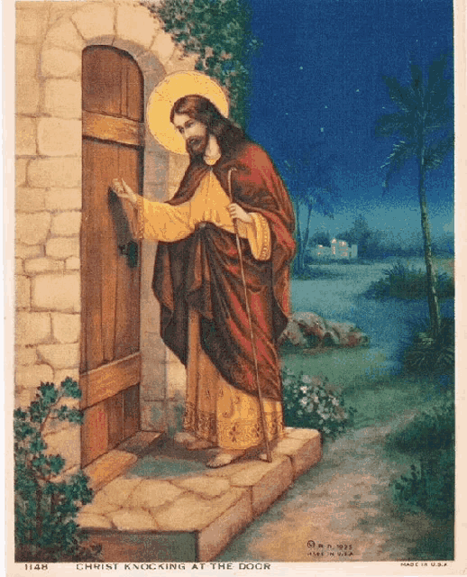 a painting of jesus knocking at the door with the number 1148 on the bottom
