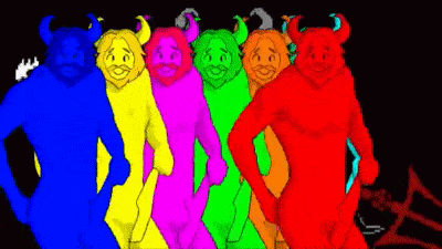 a group of colorful cartoon characters are standing next to each other .