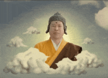 a man in a buddha costume is floating in the clouds