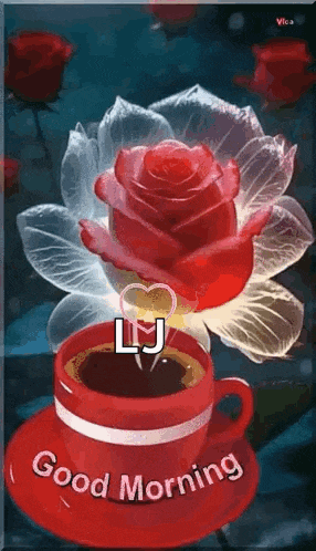 a red cup of coffee with a rose in the background and a good morning message .