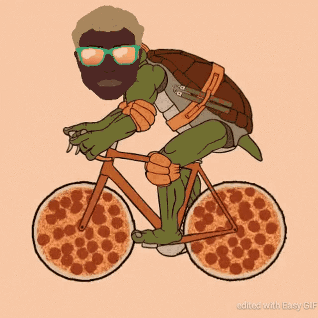 a man in a turtle costume is riding a bike with pizza wheels