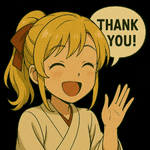 a cartoon girl is smiling and waving with a thank you speech bubble