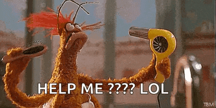 a stuffed animal is holding a hair dryer and says `` help me ? lol '' .