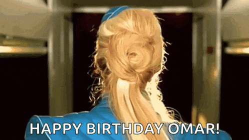 a woman in a blue uniform is saying happy birthday omar .