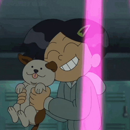 a cartoon girl is holding a small dog and smiling