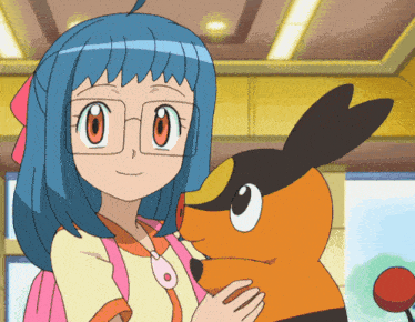 a girl with blue hair and glasses is holding a small animal