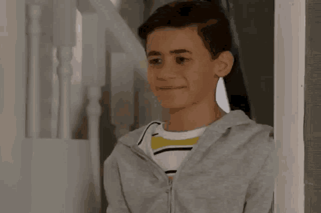 a young boy wearing a grey hoodie stands in front of a door