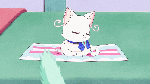 a white cat with blue eyes is sitting on a pink and white towel