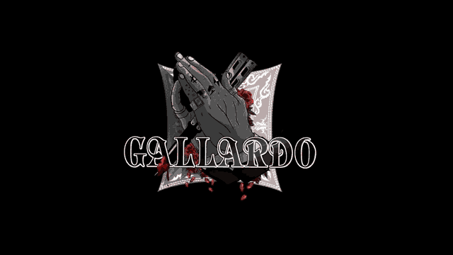 a logo for gallardo with a praying hands and a gun