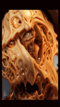 a close up of a monster 's face with holes in it and a mouth open