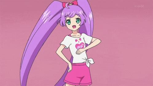 a girl with purple hair and a bow on her head is standing in front of a pink background that says tv tokyo