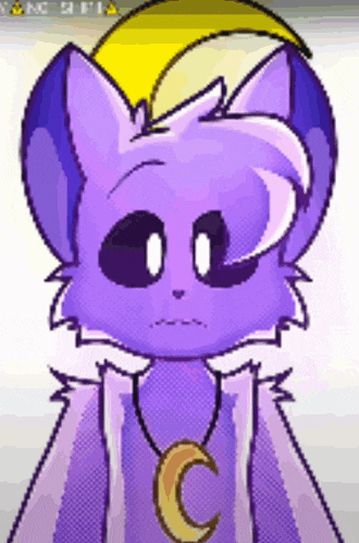 a pixel art drawing of a purple cat wearing a necklace with a crescent moon pendant