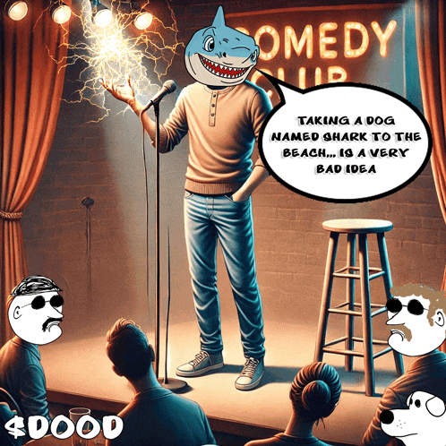 a cartoon of a man with a shark head giving a speech at a comedy club